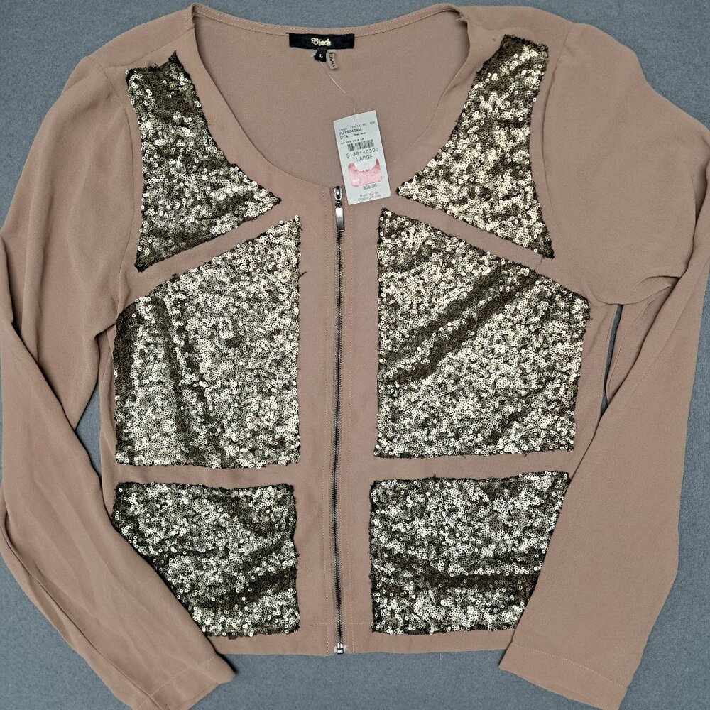 Women's NWT Long Sleeve Buckle Black Full Zip Blouse Size Large